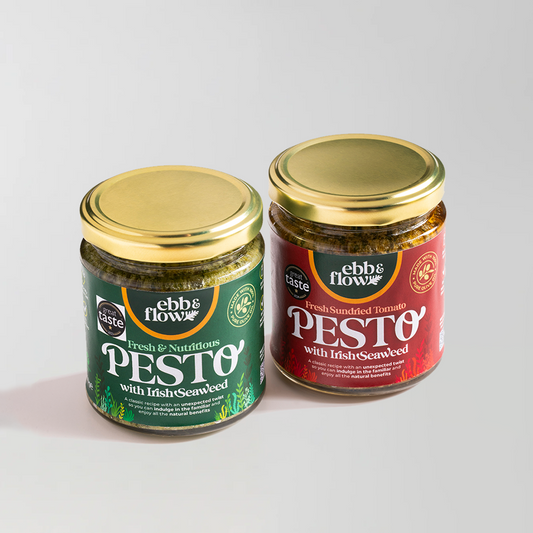 Two jars of Ebh & Flow pesto with Irish Seaweed on a light gray background