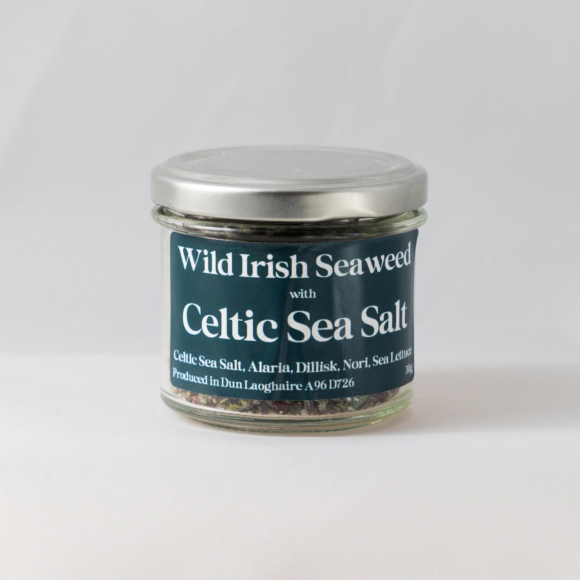 Jar of Wild Irish Sea Weed with Celtic Sea Salt on a white background