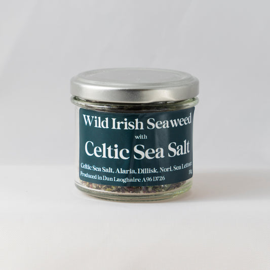 Jar of Wild Irish Sea Weed with Celtic Sea Salt on a white background